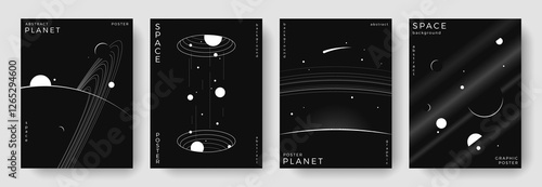 Set of abstract space astronomy backgrounds. Line art galaxy, universe, planet, solar system. Science future concept. Cosmic minimalist design for cover, poster, layout, banner, flyer, brochure