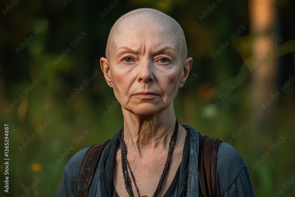 Portrait of a serious woman with a bald head in a green forest during golden hour, showcasing resilience and strength Portrait of a serious woman with a bald head in a green forest during golden hour, showcasing resilience and strength
