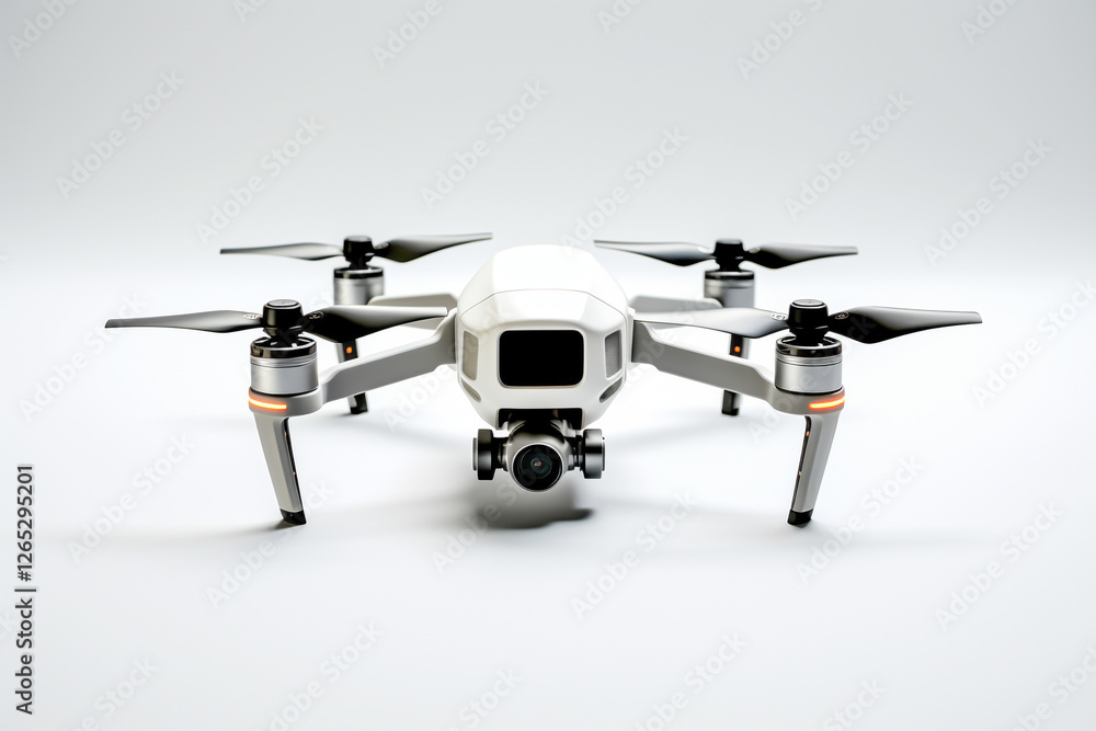 Modern White Drone with Camera on Minimalist Background Modern White Drone with Camera on Minimalist Background