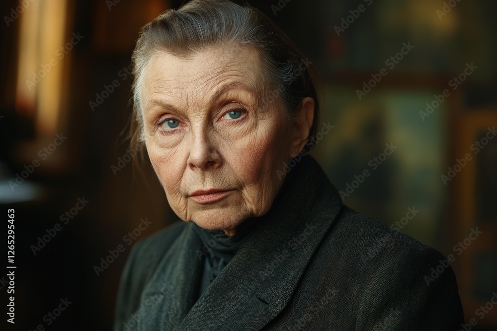 Elderly woman with expressive gaze in dimly lit room captured during quiet contemplation Elderly woman with expressive gaze in dimly lit room captured during quiet contemplation