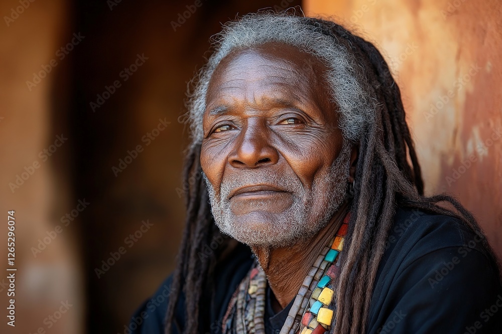 Elderly man with dreadlocks and colorful necklace poses thoughtfully against a rustic background Elderly man with dreadlocks and colorful necklace poses thoughtfully against a rustic background