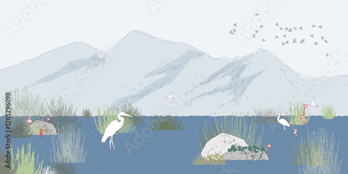 Architectural Drawings, cad tree line drawing, Side view, set of section wetland forest, nature mountain background