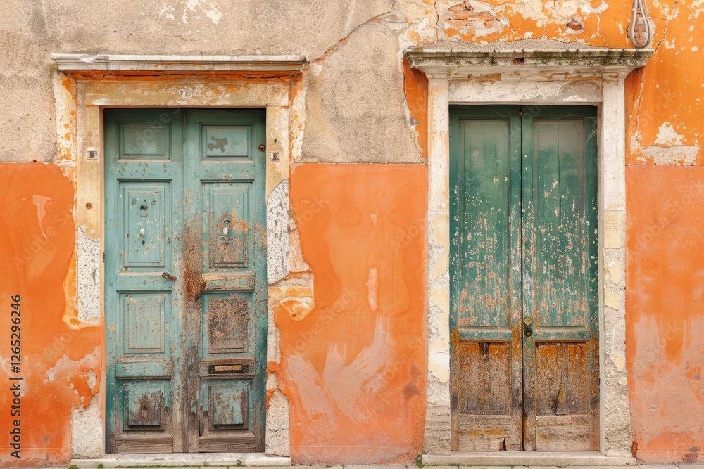 Orange concrete wall with two old wooden doors in european city. Detailed photo textured background Orange concrete wall with two old wooden doors in european city. Detailed photo textured background