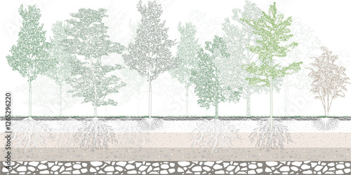 Architectural Drawings, Minimal style cad tree line drawing, Side view, set of section wetland forest outline for landscape design drawing. Vector illustration in seperate element photo