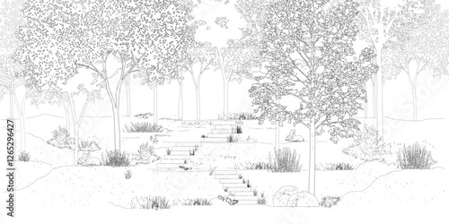 Architectural Drawings, Minimal style cad tree line drawing, Side view, set of section forest outline for landscape design drawing. Vector illustration