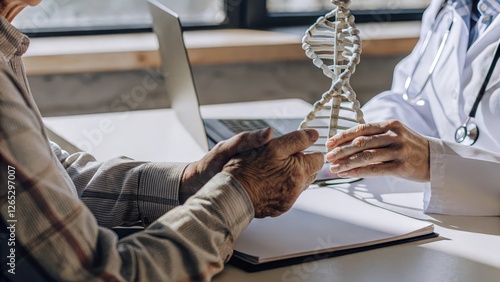 An elderly patients hands resting on a desk fingers gently touching a model of a double helix while a caring consultant explains how gene therapy can target specific genetic photo