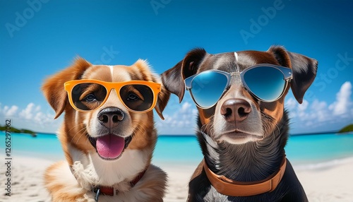 Canvas Print two dogs donning sunglasses are taking selfies on a sunny beach with clear blue