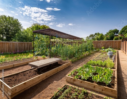 a shared gardening space with rows of crops a composting area and a small shaded bench for relaxation