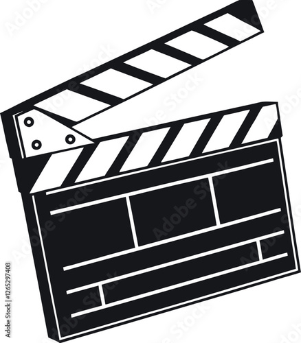 Minimalistic Black Silhouette of a Cinema Clapper Board with Film Reel and Director’s Cut Concept in Vector Illustration, Representing Movie Production, Filmmaking, and Creative Industry Designs