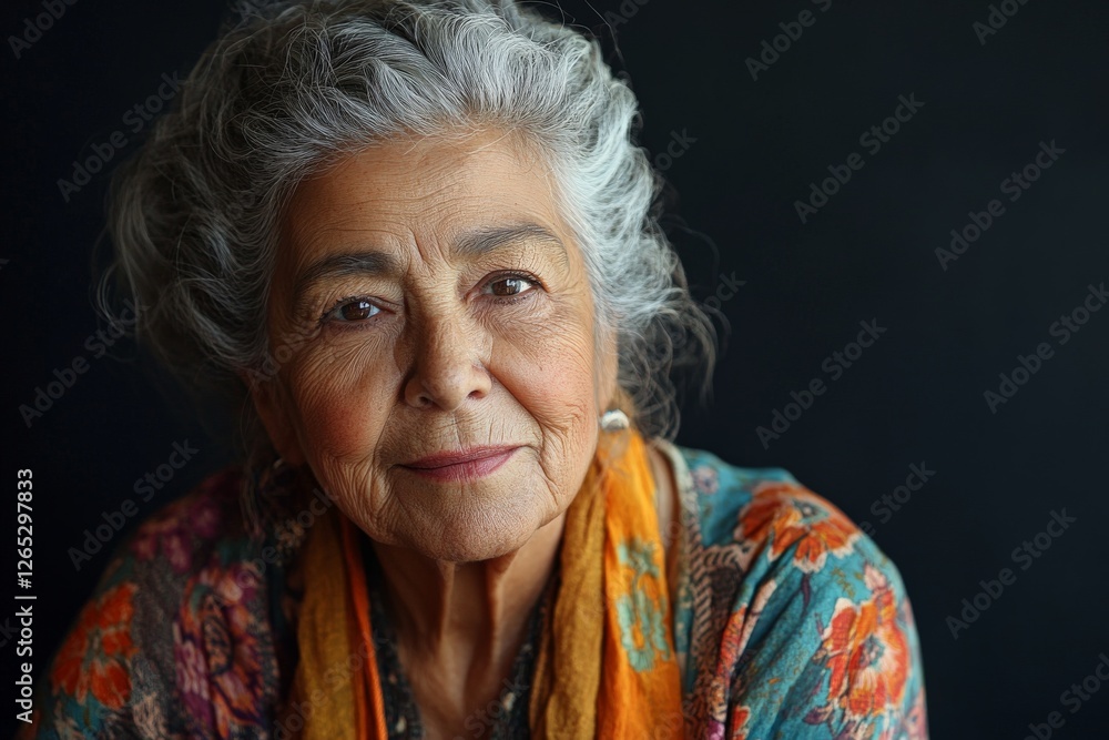 Portrait of an elderly woman with elegant features and a warm expression in a colorful floral garment Portrait of an elderly woman with elegant features and a warm expression in a colorful floral garment