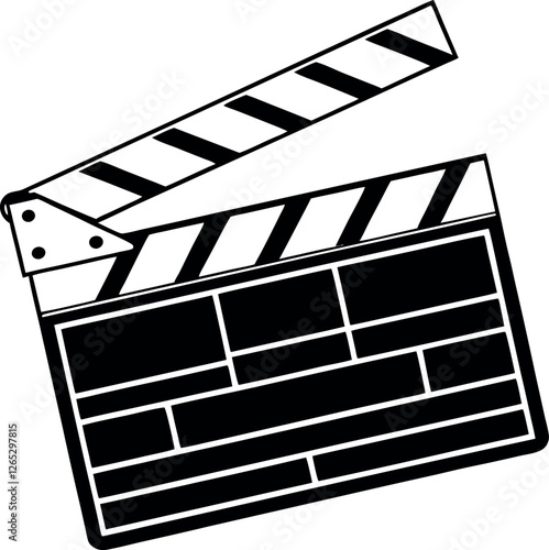 Minimalistic Black Silhouette of a Cinema Clapper Board with Film Reel and Director’s Cut Concept in Vector Illustration, Representing Movie Production, Filmmaking, and Creative Industry Designs