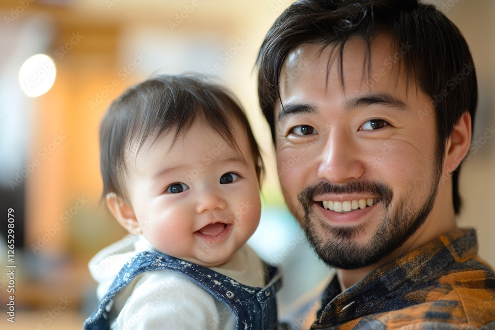 Happy asian father holding smiling baby daughter at home Happy asian father holding smiling baby daughter at home