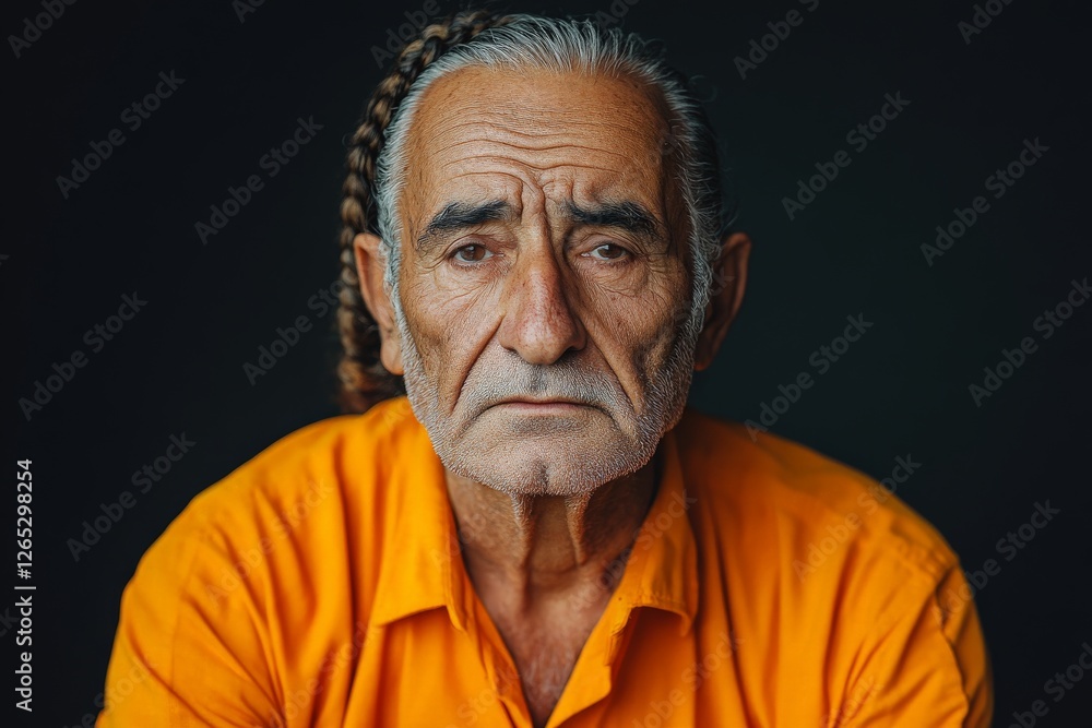 Elderly man with braided hair wearing orange shirt poses against dark background Elderly man with braided hair wearing orange shirt poses against dark background