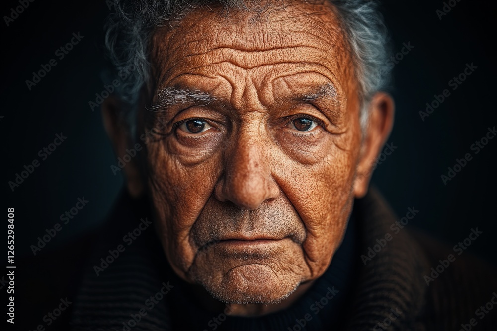 Fototapeta premium Senior man with expressive wrinkles gazes intensely at the camera in a dark, moody setting