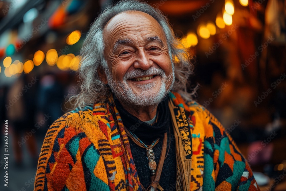Smiling elderly man in colorful attire at a bustling market during an evening gathering