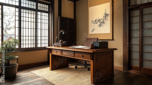 Wallpaper Mural A traditional japanese study room features wooden desk and bonsai Torontodigital.ca