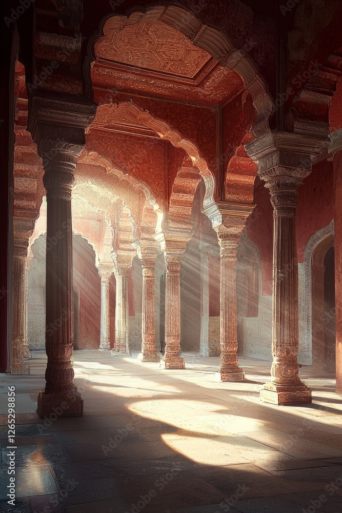 An empty red fort, bathed in sunlight streaming through arches and pillars. An empty red fort, bathed in sunlight streaming through arches and pillars.
