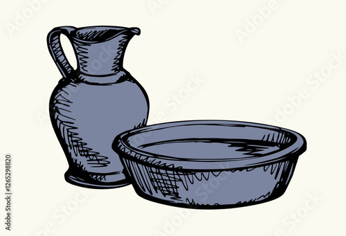 Vector drawing. Jug and bowl