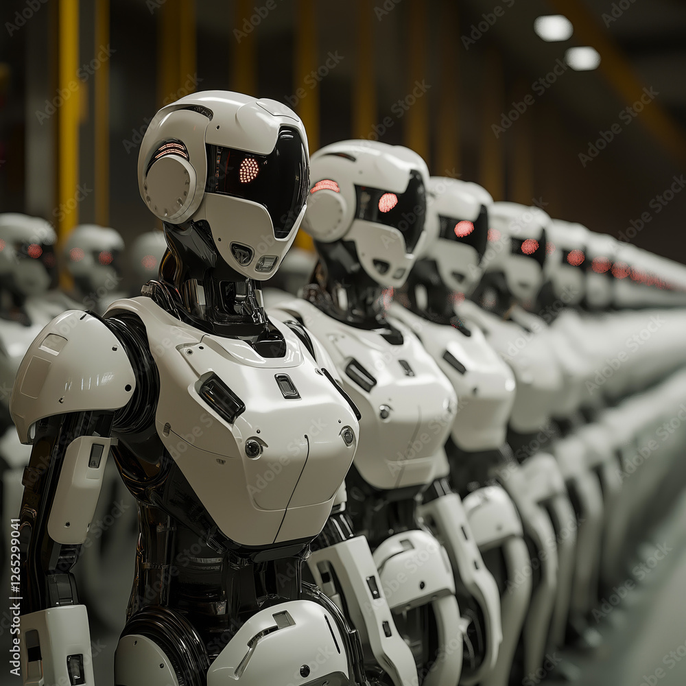Fototapeta premium Row of humanoid robots standing in a line in a futuristic factory, artificial intelligence concept