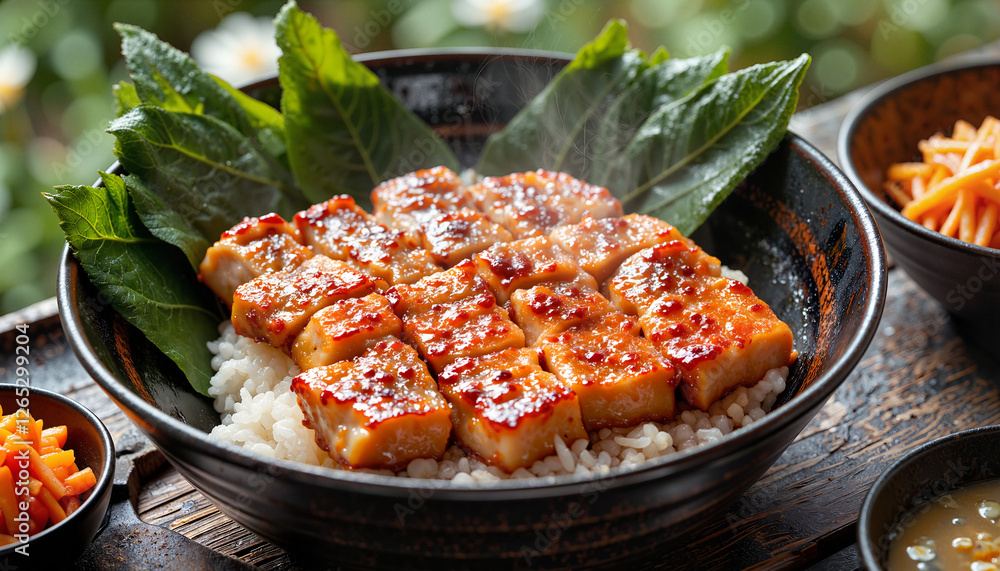 Fototapeta premium Savory samgyeopsal served with rice and kimchi in outdoor garden, culinary delight