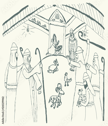 Vector drawing. Men greeting Mary in the barn