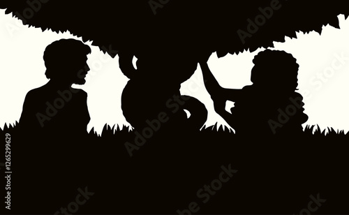 Vector drawing. Adam and Eve at the tree
