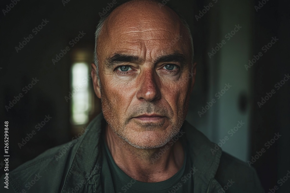 Mature man with a piercing gaze in dim indoor lighting showcasing a strong presence and character Mature man with a piercing gaze in dim indoor lighting showcasing a strong presence and character