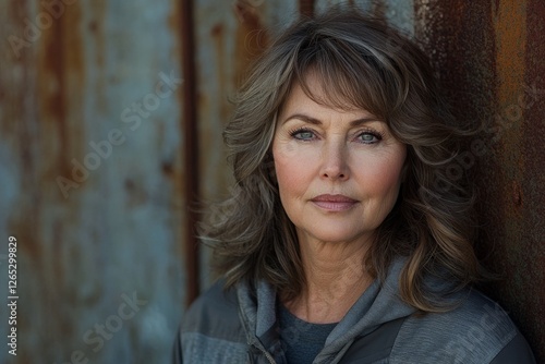 Free Download Portrait of a middle-aged woman with wavy hair standing against a weathered metal backdrop in natural light - GFXLoad