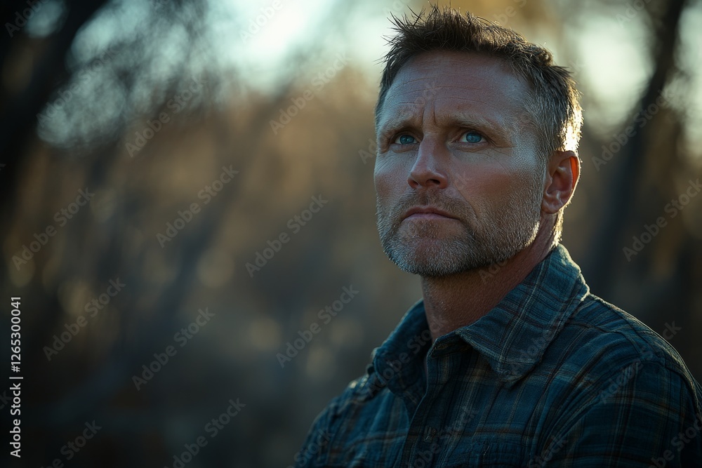 Man contemplatively gazes into the distance in a natural setting during golden hour light Man contemplatively gazes into the distance in a natural setting during golden hour light