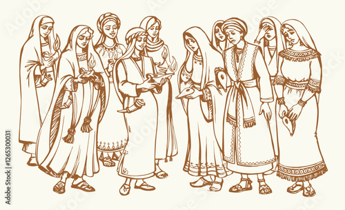 Vector drawing. 10 girls with lamps