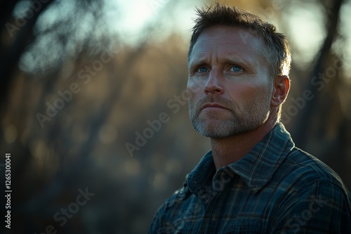 Man contemplatively gazes into the distance in a natural setting during golden hour light