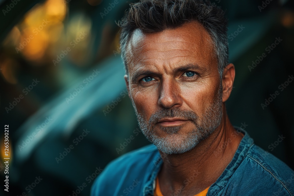 Focused man with striking blue eyes and silver-streaked hair in an outdoor setting during golden hour Focused man with striking blue eyes and silver-streaked hair in an outdoor setting during golden hour