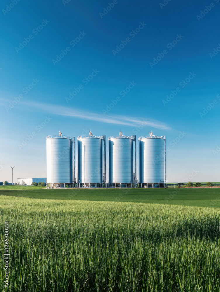 Silver silos stand tall against a clear blue sky in a rural landscape of lush green grass Silver silos stand tall against a clear blue sky in a rural landscape of lush green grass