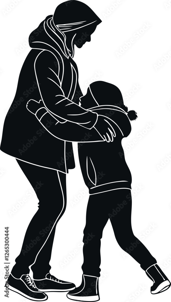 Fototapeta premium Minimalistic black silhouette of a loving mother embracing and hugging her baby, showcasing a tender and emotional connection, illustrating the bond of motherhood and the warmth of unconditional love