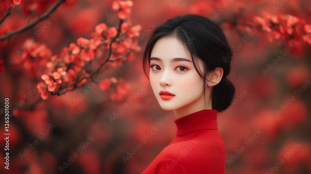 Naklejka premium young woman in red sweater stands amidst vibrant red blossoms, exuding elegance and serenity.