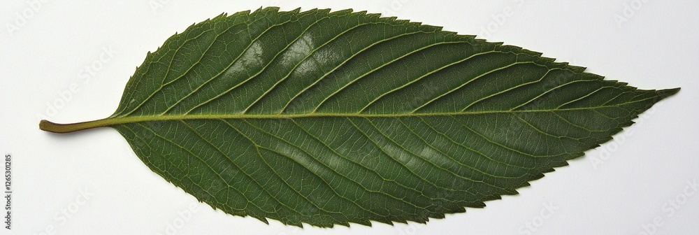 Fototapeta premium Single fresh green leaf with serrated edges isolated on white background, showing detailed vein structure and natural texture. Perfect for botanical studies and design.