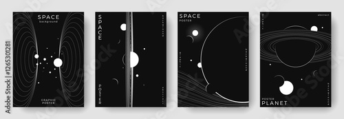 Set of abstract space astronomy backgrounds. Line art galaxy, universe, planet, solar system. Science future concept. Cosmic minimalist design for cover, poster, layout, banner, flyer, brochure