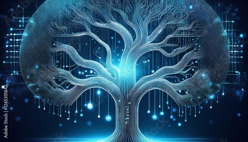digital tree design with circuit like branches on a blue background