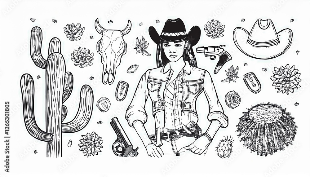 Obraz premium Cowboy western doodle set. Hand drawn sketch line style. Cowboy hat, cow skull, gun, cactus element. Wild west perfect any project.