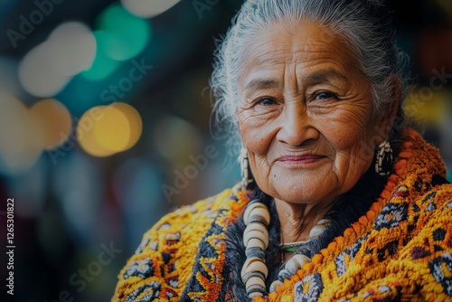 Portrait of an elderly woman wearing traditional attire and jewelry in a vibrant market setting during daylight hours photo