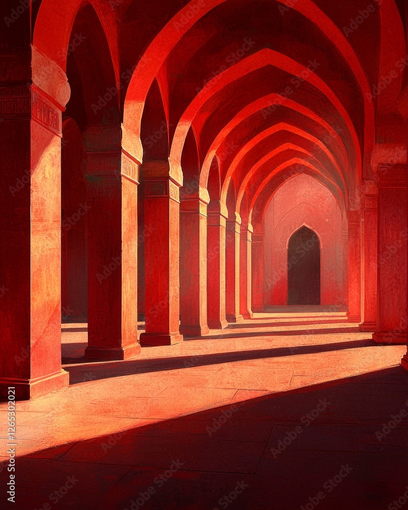 Naklejka premium An empty red fort, bathed in sunlight streaming through arches and pillars. 