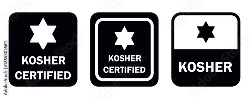Kosher certified vector icon sign. Food stamp for Jewish products. Black and white square with star of david