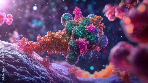 Microscopic visualization of colorful virus particles floating in biological environment with vibrant pink and turquoise colors against dark background, scientific illustration
