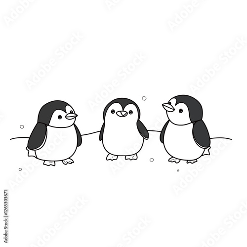 Penguins Children's Coloring Vector Illustration, Cute Black and White Outline Design for Kids Activities