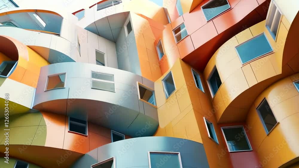 custom made wallpaper toronto digitalFuturistic building with colorful curved balconies, abstract architecture, geometric design, urban housing, modern construction, vibrant facade, contemporary style, creative structure, and innovative