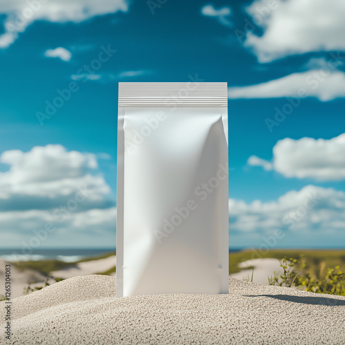 Mockup of White Mylar Bag on Natural Background with Blue Sky and Clouds photo