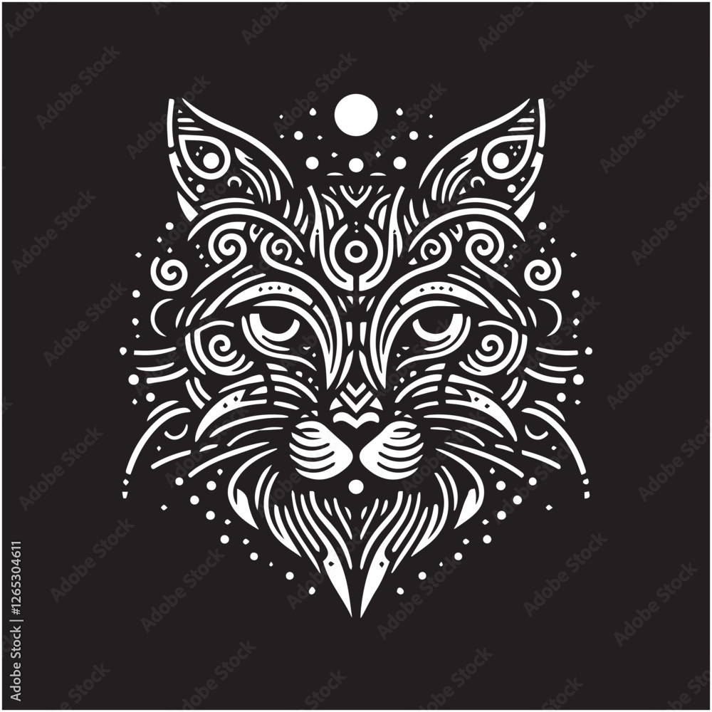 Fototapeta premium A decorative cat silhouette filled with intricate line art floral patterns. Pet Doodle Face Drawing. thematic cat face line art. space cat concept.