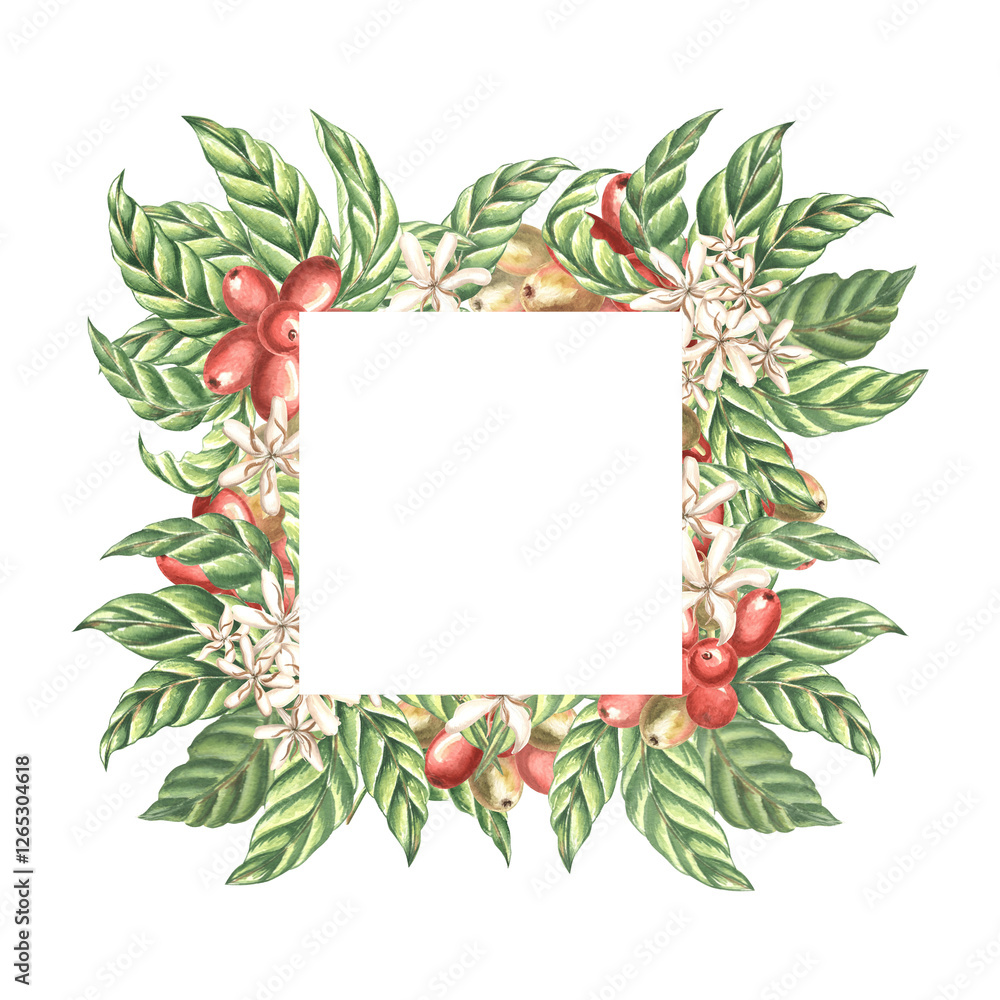 Fototapeta premium Coffee beans, berries with leaves and flowers. Template postcard, border with copy space. Watercolor hand drawn illustration isolated. Square frame of Arabica harvest fruit. Clipart for food design.