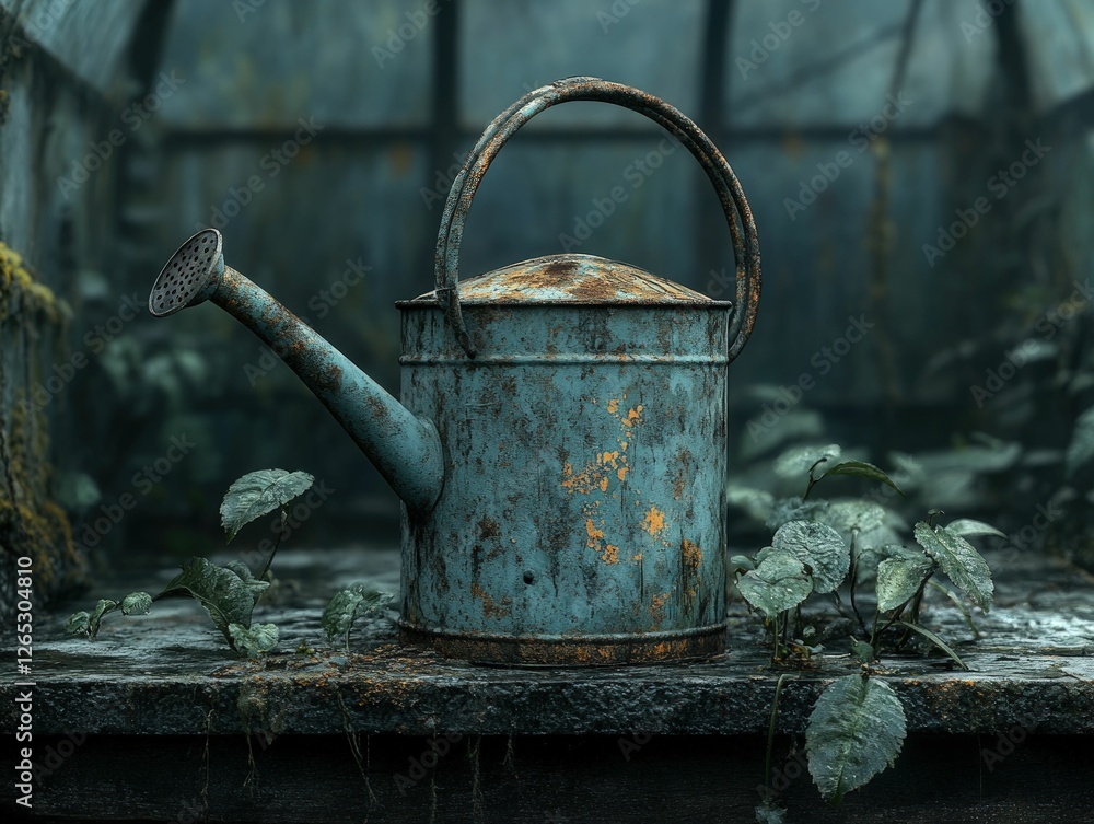 Rusted watering can, greenhouse setting, lush foliage. Rusted watering can, greenhouse setting, lush foliage.