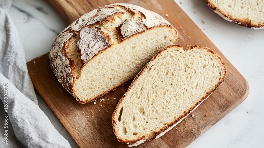 Sliced artisan bread on wooden board, marble background Sliced artisan bread on wooden board, marble background